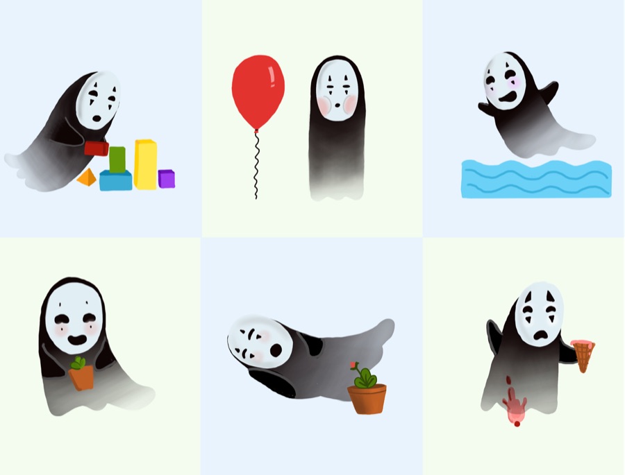 Sticker sheet of a baby No-Face from Spirited Away: playing with building blocks, holding a red balloon, floating over water, cradling a potted plant, sprawled on its front, and melting beside a dropped ice cream
