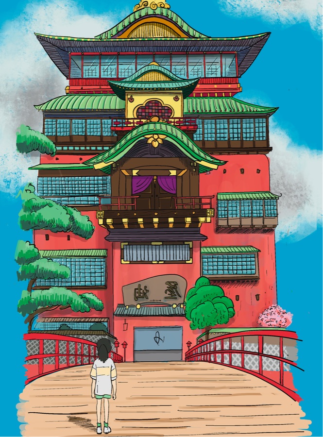 The bathhouse from Spirited Away in colour — a red multi-storey building under green tiled roofs, with Chihiro standing small on the bridge in front of it