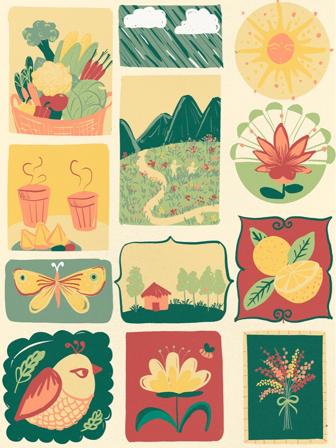 Sticker sheet of folk-art motifs: a basket of vegetables, rain clouds, a smiling sun, a mountain path in bloom, two cups of chai with samosas, a butterfly, a thatched hut, lemons, a bird, and flowers