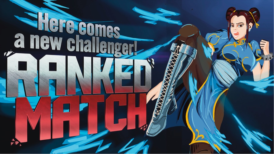 Street Fighter fan art: Chun-Li mid kick against streaks of blue chi, lettered “Here comes a new challenger! Ranked Match”