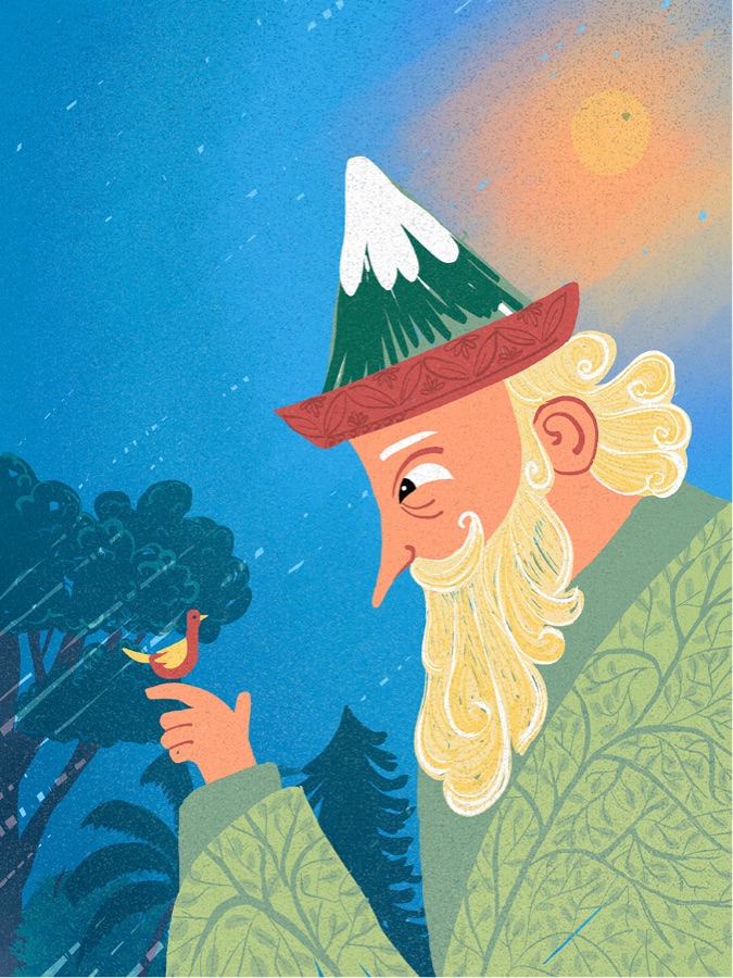 An old man in a green leaf-patterned robe and a snow-capped pointed hat, smiling at a small yellow bird perched on his finger, with pines and falling snow behind him
