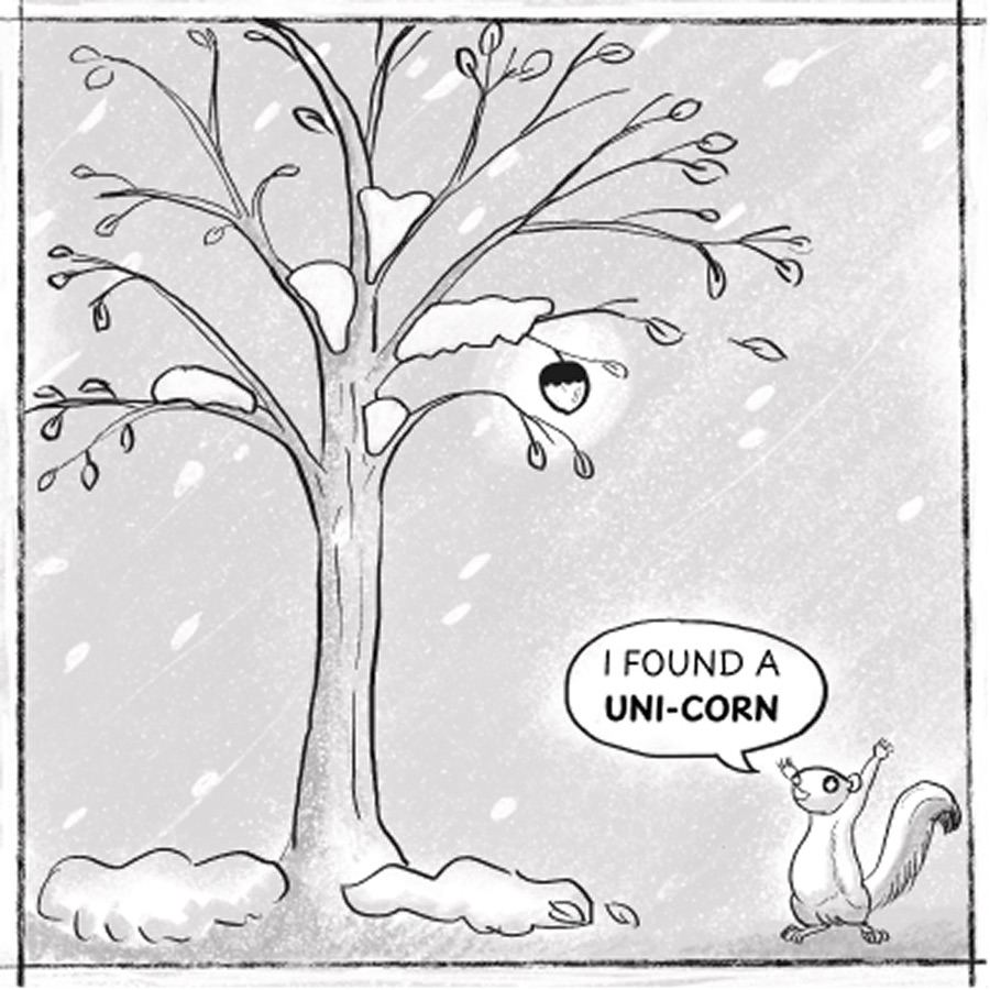 Single-panel comic. A squirrel stands under a bare, snow-dusted tree and announces “I found a uni-corn”, pointing at the one acorn left on a branch