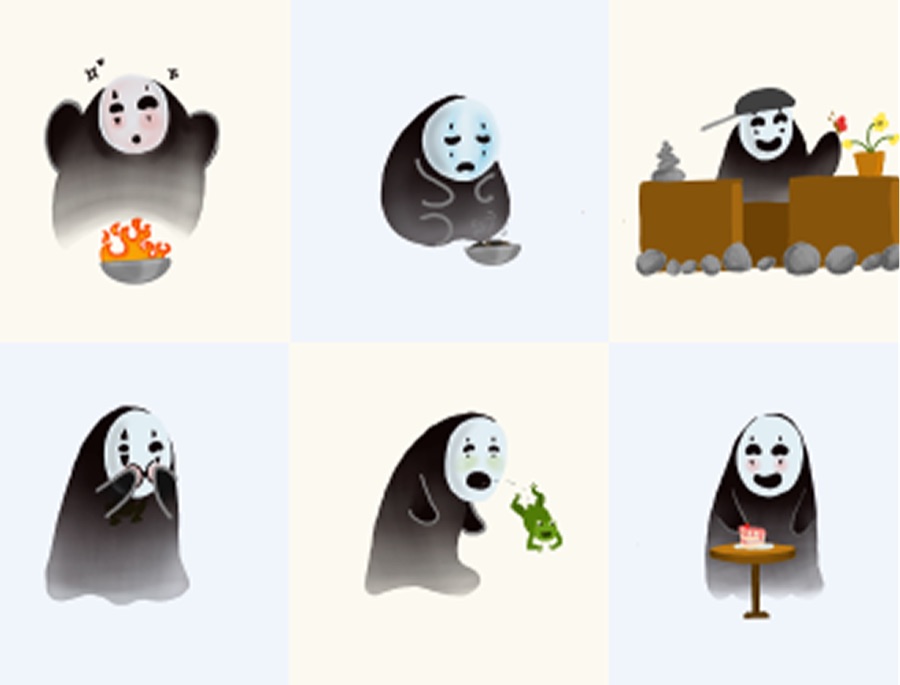 Sticker sheet of No-Face from Spirited Away: warming itself at a brazier, sulking over an empty bowl, gardening behind a stone wall, eating with chopsticks, swallowing a frog, and sitting down to a slice of cake
