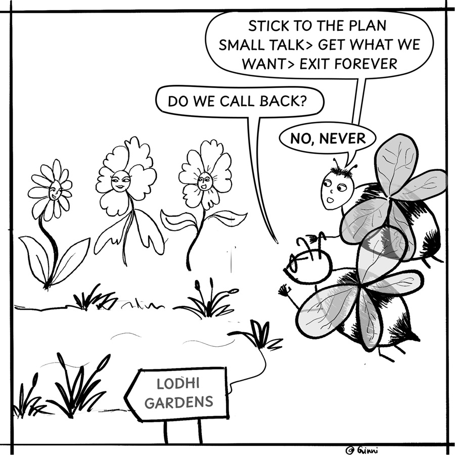 Single-panel comic. Two bees approach a row of smiling flowers by a Lodhi Gardens signpost. One says “Stick to the plan: small talk, get what we want, exit forever”; the other asks “Do we call back?” — “No, never”